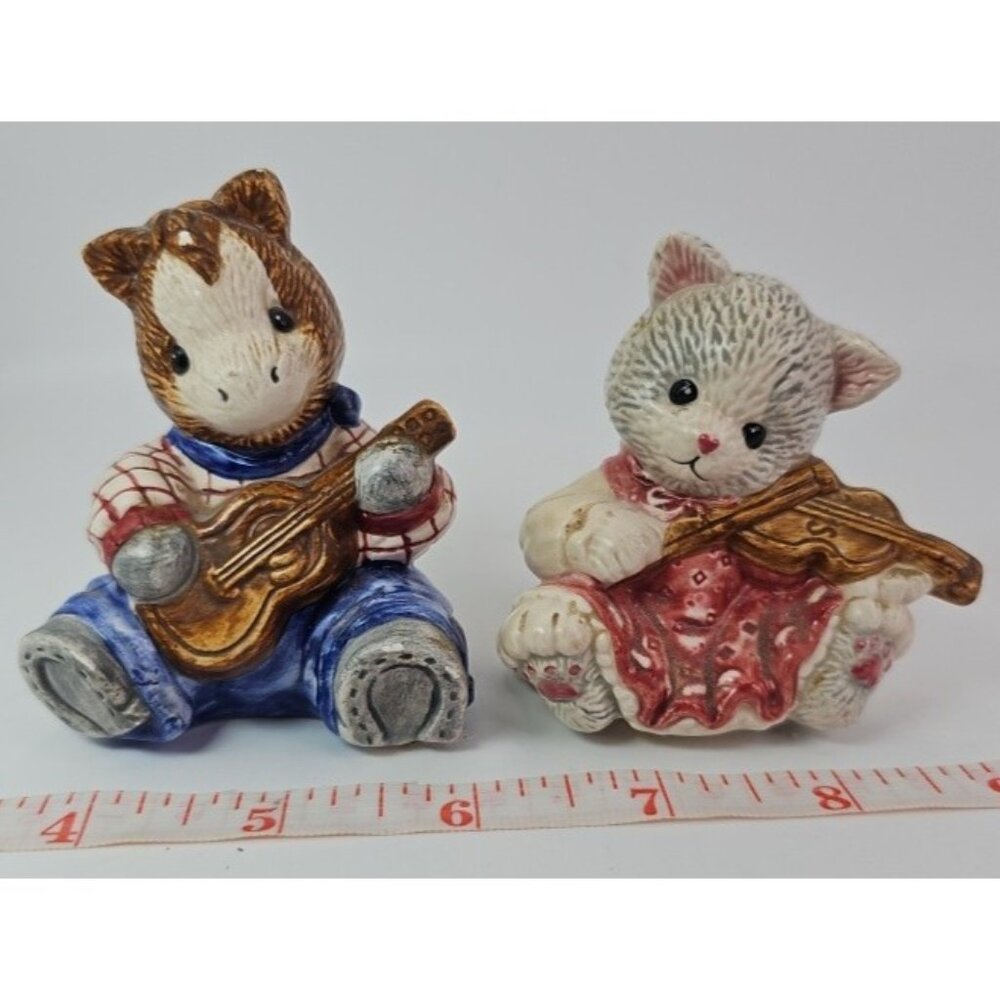 SALT & PEPPER SHAKERS Little Horse & Kitten Playing Violins Enesco 3x2.5" VTG